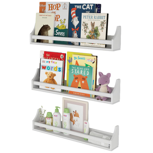 ANGEL Nursery Décor Wall Shelves – 3 Shelf Set – White Long Crown Molding Floating Bookshelves for Baby & Kids Room, Book Organizer Storage Ledge