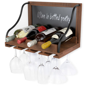 COLMAR Wall Wine Rack, Wine Glass Holder & Bottle Rack with Chalk Board Sign, 4 Bottles Wine Storage, Rustic Wall Décor - Walnut