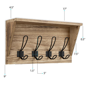 CASACO Coat Rack Wall Mount - Mail Holder, 4 Key Hooks for Hanging 17" Rustic Decor Wall Organizer - Natural Light Burnt