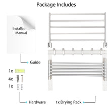 WASH Clothes Drying Rack Wall Mount Laundry Room Organizer with Hooks & Swing Arms, 17" Metal Laundry Rack - Silver