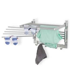 WASH Clothes Drying Rack Wall Mount Laundry Room Organizer with Hooks & Swing Arms, 17" Metal Laundry Rack - Silver